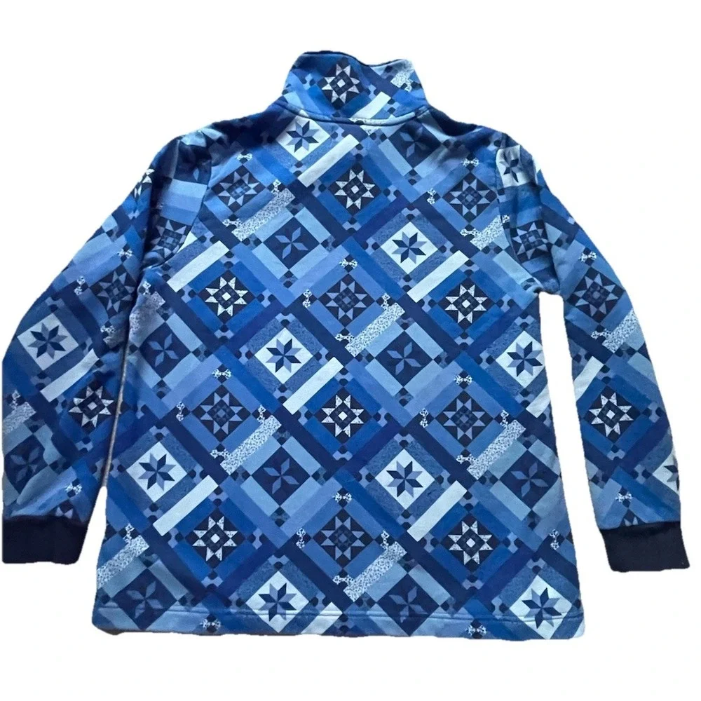 Lands' End Serious Sweats Women's L 14/16 Blue 1/4 Zip Geometric Pullover‎